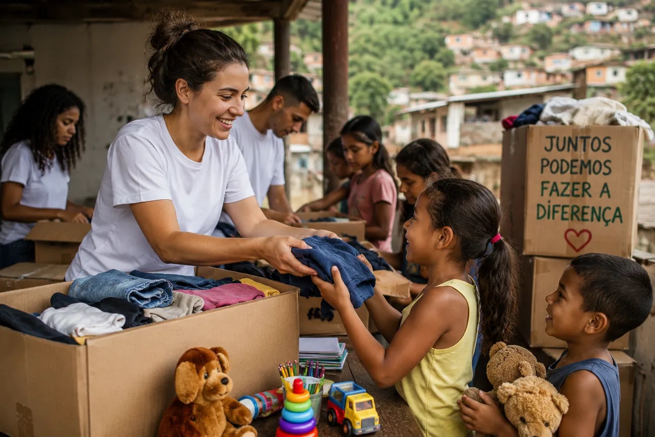 Freiwillige verteilen Kleidung und Spielzeug an Kinder in Brasilien