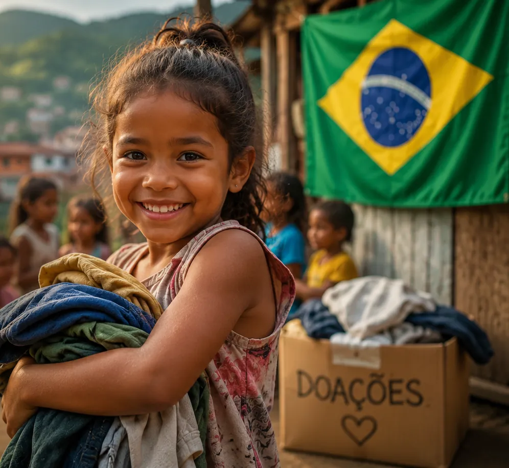 Lachendes Mädchen mit Kleiderspende vor brasilianischer Flagge